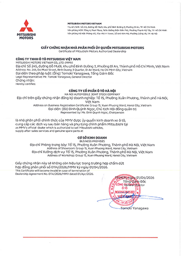 Giấy chứng nhận Nhà phân phối của Hanoi Auto